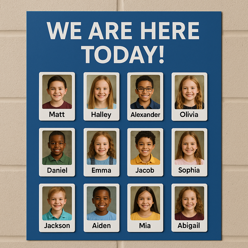 We Are Here Today attendance board with student photo magnets.
