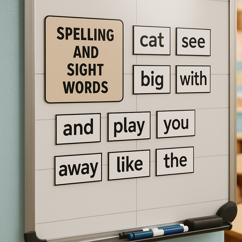 Magnetic spelling and sight word cards on a classroom whiteboard.