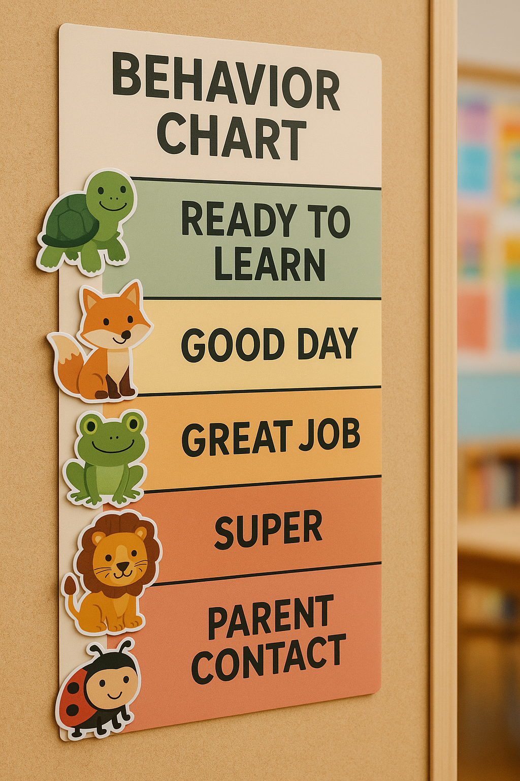 Magnetic behavior chart with animal icons that move up and down the levels.